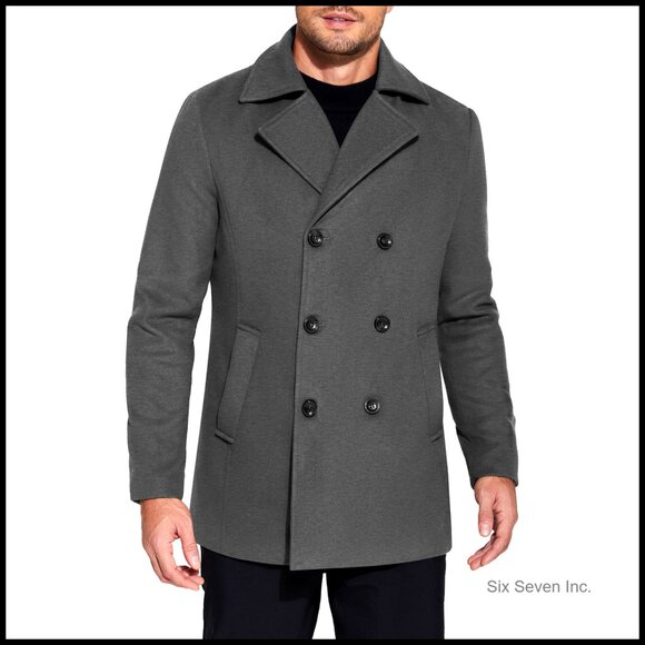 Double Breasted Pea Coat Classic Wool Blend Trench Coat Notched Collar Mens